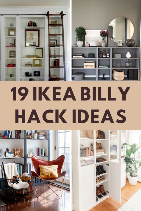 The Ikea Billy bookcase is really easy to hack. Here we showcase some of the best Ikea Billy hacks available to inspire you. Hopefully you can use some of these great Ikea Billy hack ideas for your own project. #ikeabillyhack #ikeahacks Tall Billy Bookcase, Billy Bookcase Hallway, Ikea Bookcase Hack Office, Billy Bookcase Media Wall Hack, Billy Bookcase Inspiration, Minimalist Library Design, Ikea Billy Drawers, Ikea Billy Hack Bookshelves, Ikea Gersby Bookcase Hack