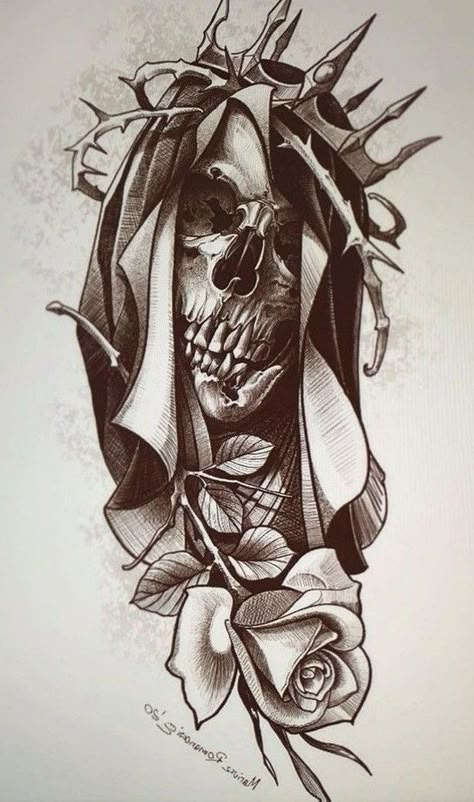 Tato Realis, Skull Rose Tattoos, Black Skull Tattoo, Skull Sleeve Tattoos, Skull Art Drawing, Skulls Drawing, Sketch Tattoo Design, Dark Art Tattoo, Skull Tattoo Design