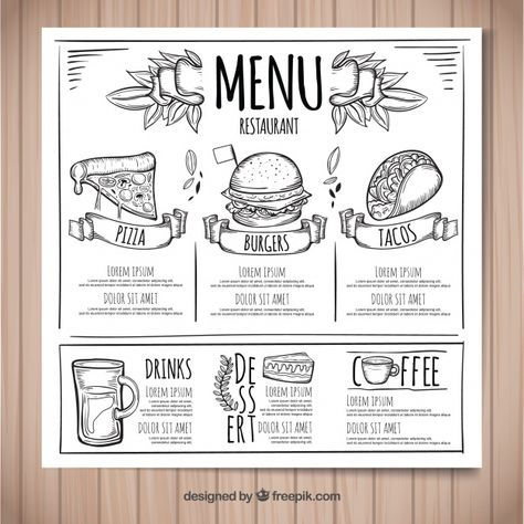 Hand drawn restaurant menu template | Free Vector #Freepik #freevector Food Menu Drawing, Cafe Menu Drawing, Simple Menu Design, Menu Drawing, Colorful Restaurant, Menu Illustration, Dessert Illustration, Food Doodles, Fast Food Menu