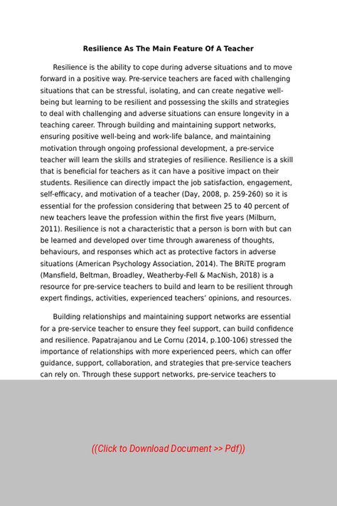 Sample Essay on the Topic:  Resilience As The Main Feature Of A Teacher,
Subject: Psychology, Essay Type: None, Word Count: 1500 | Visit our site to get full access to the essay document, or to Order a similar essay, plagiarism-free. Follow the link above. Psychology Essay, Word Count, Teaching Career, Sample Essay, Support Network, Paper Writing, Research Paper, Work Life Balance, Professional Development