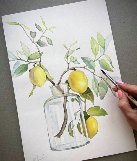 Fruits Watercolor Painting, Watercolour Fruit, Simple Art Drawings, Boho Canvas Art, Watercolor Fruits, Plant Watercolor, Crayons Pastel, Watercolor House Painting, Lemon Watercolor