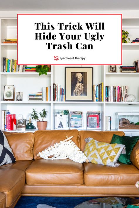 Hide an unattractive trash can in the kitchen and beyond with this decorative basket trick. Living Room Trash Can Ideas, Small Kitchen Trash Can Ideas, Kitchen Trash Can Ideas, Hidden Trash Can Kitchen, Hide Trash Cans, Metal Trash Cans, Your Trash, Hidden Kitchen, West Home