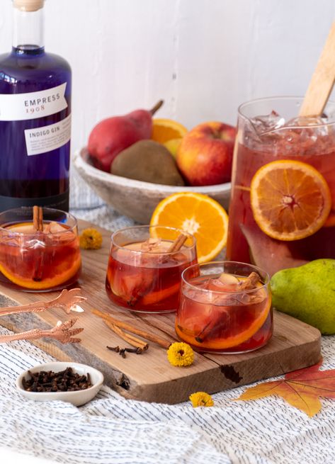 FALL GIN SANGRIA - Empress 1908 Gin Gin Sangria, Empress Gin, Empress 1908 Gin, Girly Drinks, Sangria Cocktail, Cinnamon Syrup, Fall Cocktail, Gin Drinks, Tea Cocktails