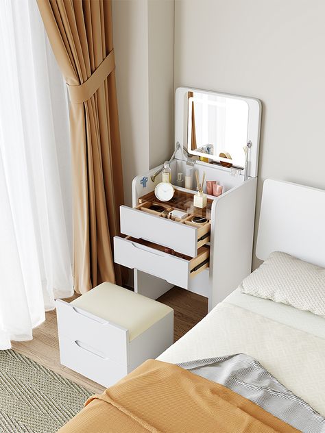 💕Bedroom solid wood simple mini dressing table flip cover bay window dressing table💞 Bedroom Table Design, Bedroom Dressing Table Ideas, Table Design Bedroom, Mini Dressing Table, Bay Window Dressing, Dressing Table Ideas, Dressing Table Modern, Mini Dressing, Wood Makeup Vanity