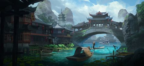 ArtStation - lake town Lake Town, Lake Village, Blade And Soul, Port City, Art Videos Tutorials, River Art, Fantasy City, Minecraft Houses, Digital Art Tutorial