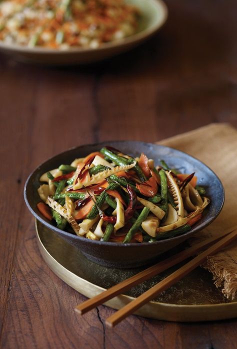 The clean, simple flavors of this stir-fry get a hint of spice from dried chiles. Bamboo Shoots Recipe, Bamboo Recipe, Bamboo Shoot, Teriyaki Tofu, Long Bean, Recipe Vegetarian, Bamboo Shoots, Vegetarian Recipe, Stir Fry Recipes