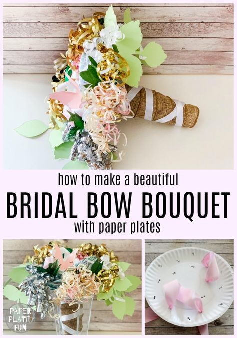 Bouquet Out Of Shower Bows, Bridal Bouquet From Shower Ribbons, Bridal Shower Bouquet Ribbons, Paper Plate Bouquet, Bridal Rehearsal Bouquet, Bridal Shower Gift Bow Bouquet, Bouquet From Bridal Shower Bows, How To Make Ribbon Bouquet For Rehearsal, How To Make A Rehearsal Bouquet Ribbons