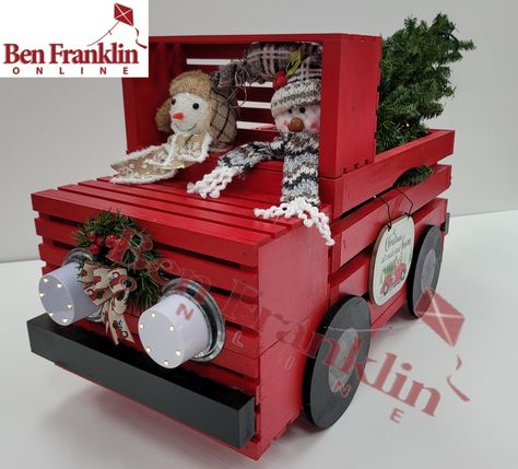 Crate Truck Diy, Diy Red Christmas Truck, Christmas Crate Decor, Christmas Crates Ideas, Diy Christmas Train Crate, Christmas Crates Ideas Wooden Boxes, Wooden Crates Diy, Uses For Wooden Crates, Wooden Crates Christmas