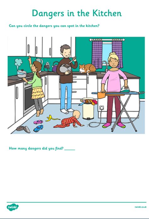 A simple worksheet for children to understand safety in the kitchen. Can they identify all the dangers? Sign up to Twinkl to download this resource. #safety #healthandsafety #teaching #parenting #childminders #homeeducation #worksheet #kitchen #home #twinkl #twinklresources #teachingresources Kitchen Safety Activities Preschool, Safety At Home For Kids Worksheets, Home Safety For Kids, Kitchen Safety Worksheets, Kitchen Safety Activities, Safety In The Kitchen, Safety Worksheets, Teaching Safety, Safety Activities