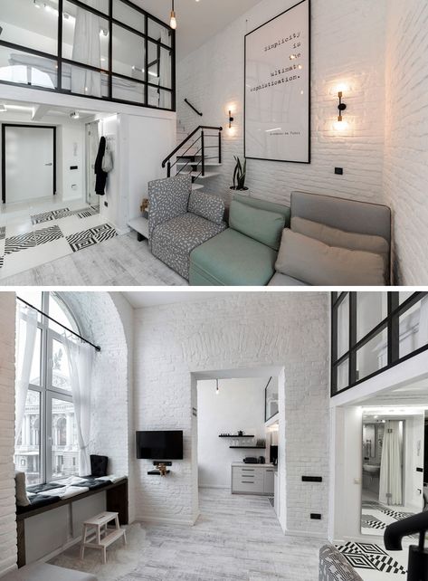 This modern loft apartment features high ceilings, painted brick walls, and a mezzanine with a bedroom and reading room. #LoftApartment #MezzanineBedroom #InteriorDesign #ModernApartment College Apartment Bedding, Apartment Beds, Loft Apartment Bedroom, Modern Loft Living Room, Modern Loft Apartment, Tiny Loft, Apartment Bedding, White Apartment, Brick Interior