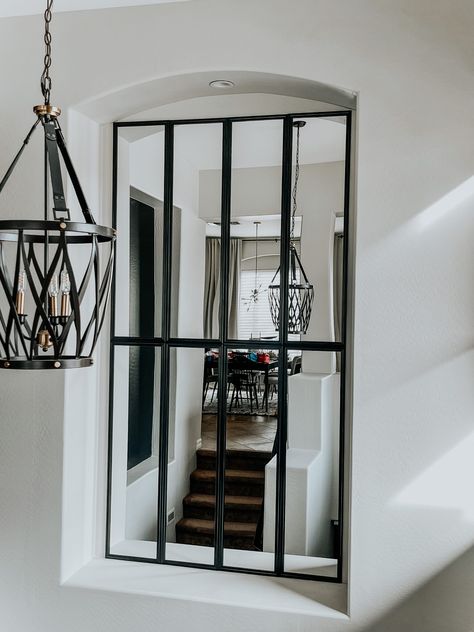 HOW TO FILL A STAIRWELL NICHE WITH FULL-LENGTH MIRRORS Coordinates Art, Staircase Landing, Niche Ideas, Ikea Mirror, Create Canvas, Window Pane, Full Length Mirror, Large Mirror, Picture Hanging