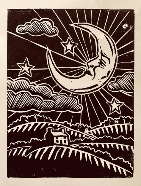 Print Making Designs, Cosmic Witch, Linocut Ideas, Printmaking Ideas, Woodcut Illustration, Lino Printing, Linoleum Print, Lino Art, Stamp Carving