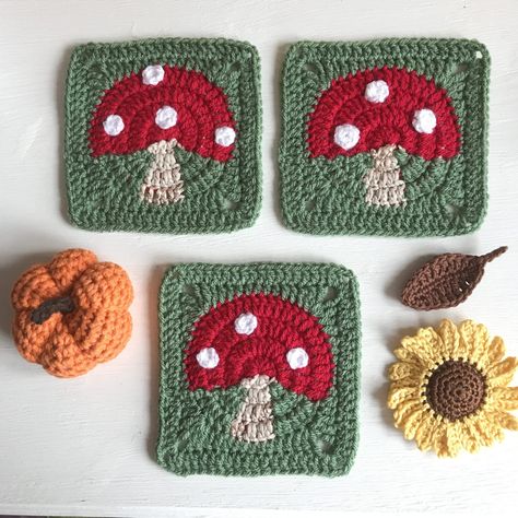 Toadstool Granny Square- week 3 - Adventures in Crafting How To Crochet A Mushroom Granny Square, Mushroom Granny Square Bag, Crochet Granny Square Mushroom Blanket, Seasonal Granny Squares, Funky Granny Square Patterns, Beginner Granny Square Projects, Granny Square Crochet Pattern Fall, Garden Granny Square, Mushroom Crochet Square