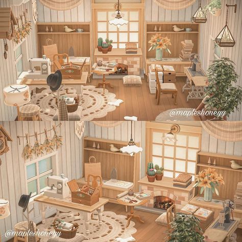 bailey🧸 on Instagram: “messy sewing room 🤎🧺 • preset is ‘moonstone’ #mabelsapronpresets • • • 🏷 #animalcrossing #animalcrossingnewhorizions #animalcrossingaddict…” Acnh Cottagecore Bedroom, Cottage Core Furniture, Acnh Cottagecore House, Bedroom Ideas Cottagecore, Cottagecore Rooms, Cottagecore House Interior, Acnh Living Rooms Ideas, Acnh Rooms, Cottagecore Interior