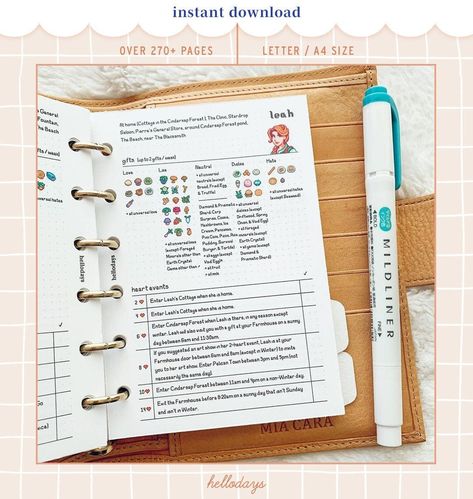 Stardew Valley Schedule, Stardew Valley Bullet Journal, Stardew Valley Planner, Journal Guide, Secret Notes, At A Glance Calendar, Crafting Recipes, Physical Planner, Letter Ring