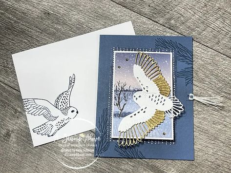 Learn how to make this pretty POP UP MOVING CARD and matching gift box using the WINTER OWLS BUNDLE by Stampin' Up! Video tutorial and dimensions at www.AStampAbove.com. Stampinup Owl Cards, Winter Owls Stampin Up Cards, Winter Owls, Stampin Up Winter Owls Bundle, Stamping Up Adorable Owl Cards, Stampin Up Owl Punch, Moving Card, Adorable Owls, Owl Cards