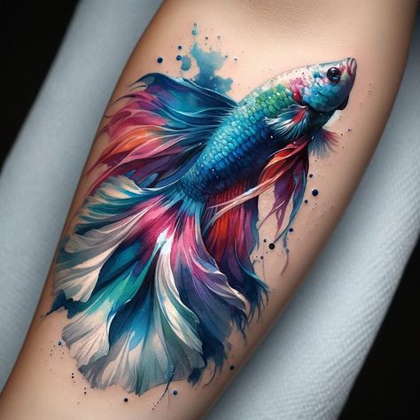 25 Unique Betta Fish Tattoo Design Ideas For Creative Owners – Acuario Pets Flowy Fish Tattoo, Betta Fish Tattoo Design, Fighter Fish Tattoo, Beta Fish Tattoo Design, Beta Fish Tattoos, Fish Tattoo Women, Aquarium Tattoo, Ocean Fish Tattoo, Watercolor Fish Tattoo