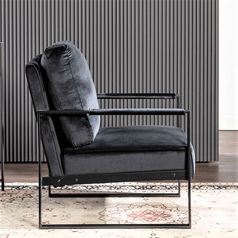 Mercer41 Julijus 25.4" W Polyester Armchair | Wayfair Black Velvet Chair Living Rooms, Mid Century Modern Glam, Mid Century Modern Accent Chairs, Metal Armchair, Comfortable Armchair, Velvet Accent Chair, Minimalist Silhouette, Mid Century Modern Chair, Modern Accent Chair