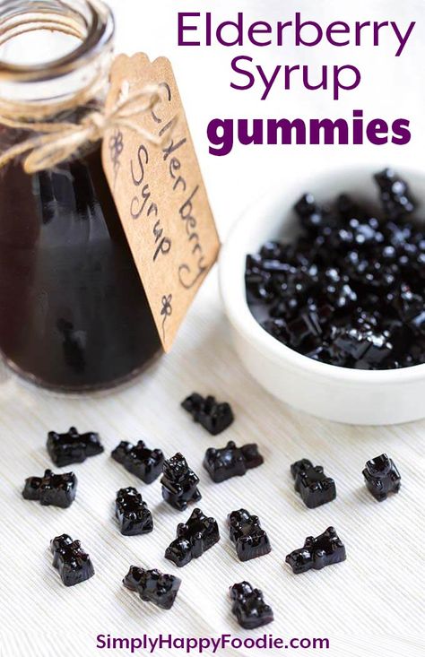 These fun Elderberry Syrup Gummies are a tasty and sweet way to get a dose of Elderberry Syrup. Elderberries are believed to be a great antioxidant, immunity booster, and a natural remedy for warding off colds and the flu! Elderberry Syrup Gummies have a nice flavor. Kids like gummies! simplyhappyfoodie.com #elderberrysyrupgummies #elderberrysyrupgummybears Gummy Recipes, Cooking With Turmeric, Elderberry Recipes, Gummies Recipe, Elderberry Gummies, Hello Glow, Elderberry Syrup, Natural Healing Remedies, Boost Your Immune System