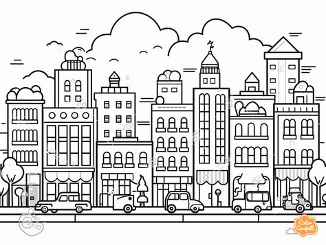 illustration of Happy little city coloring page City Buildings Drawing Simple, Bustling City, Cityscape Coloring Pages, Doodle Buildings Cityscapes, Doodle Cityscape, City Outline, Fantastic Cities Coloring Book, City And Colour, Winter City