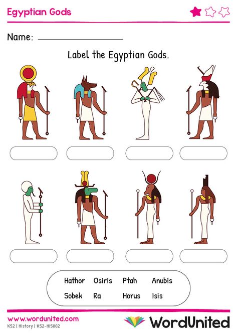 Differentiated for all abilities, children can label the colourful illustrations of Egyptian Gods with this worksheet, using the words, clues or no clues. Includes answer sheet. Supports the following areas of learning within Key Stage 2: History. Egyptian Art Projects, Ancient Egypt Worksheets, Ancient Egypt Printables, Egypt Worksheets, Egypt Unit Study, Ancient Egypt Unit Study, Ancient Egypt Lessons, Ancient Egypt Activities, Egypt Lessons