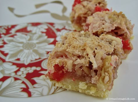 Cherry Coconut Bars ❦ Cherry Blast from the Past - Urban Cottage Life Cherry Coconut Bars, Sweets Tray, Coconut Squares, Cherry Bars, Coconut Slice, Cherry Coconut, Urban Cottage, Christmas Open House, Bake Goods