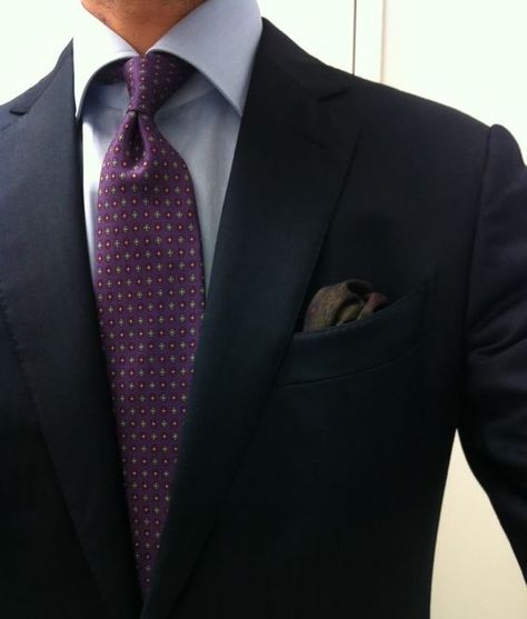 Navy Suit Purple Tie, Suit Purple Tie, Kingsman Style, Suit Purple, Light Blue Shirt, Grey Suit, Navy Suit, Light Blue Shirts, Purple Tie