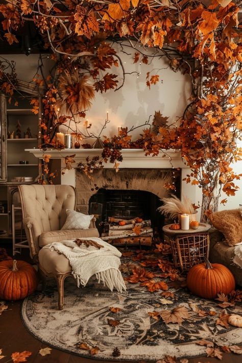 Pumpkin Photoshoot, Autumnal Decor, Autumn Living Room, Fall Front Porch Decor Ideas, Halloween Living Room, Halloween Bedroom Decor, Halloween Office, Halloween Bedroom, Fall Mantle