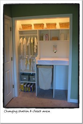 nursery closet changing station--great use of space Ikea Closet Organizer, Baby Nursery Closet, Nursery Closet Organization, Closet Diy, Baby Closet Organization, Baby Clothes Storage, Changing Tables, Baby Room Organization, Baby Storage