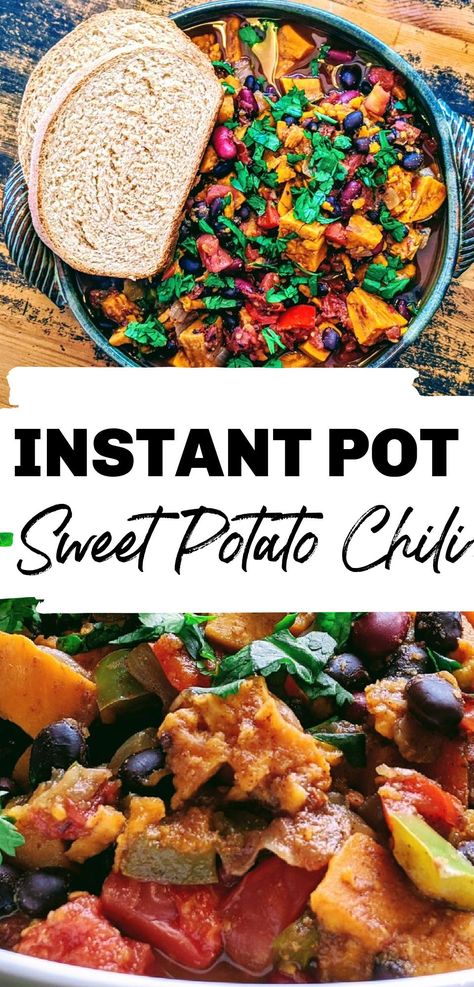 Sweet Potato Chili Vegetarian, Instant Pot Sweet Potato, Chili Vegetarian, Sweet Potato Chili Recipe, Instant Pot Dinner, Potato Chili, Vegetable Chili, Recipe Crockpot, Vegetarian Chili Recipe