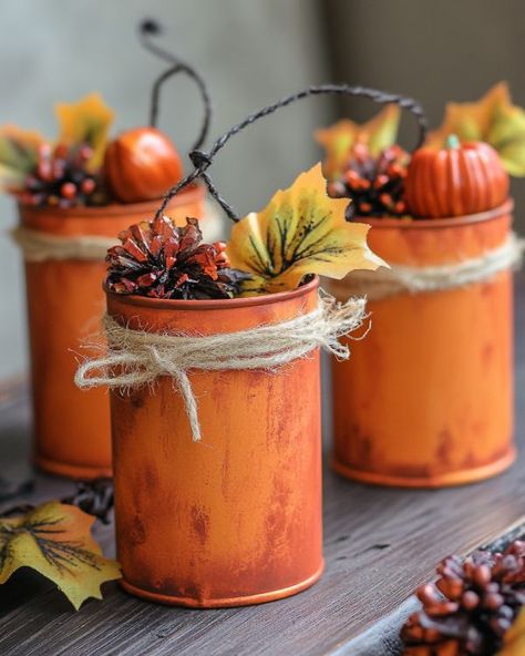 Pumpkins Made From Tin Cans, Tin Can Halloween Decorations, Diy Tin Can Projects, Tin Can Decorations, Painted Tin Cans, Tin Can Flowers, Fun Thanksgiving Crafts, Painted Things, Fall Canvas Painting