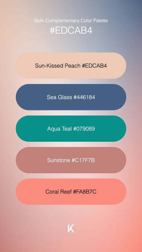 Split–Complementary Color Palette Sun-Kissed Peach #EDCAB4 · Sea Glass #446184 · Aqua Teal #079089 · Sunstone #C17F7B · Coral Reef #FA8B7C Complementary Colors Palette, Coral Reef Color Palette, Complementary Color Palette, Coral Reef Color, Split Complementary Colors, Split Complementary, Hex Color Palette, All Colour, Colour Pallets