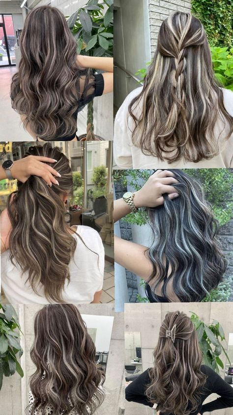 brunette with stripey blonde highlights Hair Upstyles, Blonde Highlights, Hair Inspo, Hair Inspiration, Highlights, Hair Color, Hair Cuts, Blonde, Hair Styles