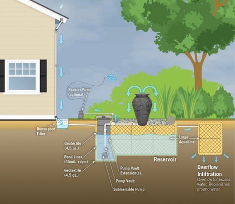 Rainwater Harvesting | Water Features by Aquascape Underground Rain Water Collection System, Rain Chain Water Collection, Rainwater Garden, Dream Landscaping, Water Engineering, Rainwater Collection System, Rain Water Harvesting, Outdoor Design Ideas, Waterfall Pond