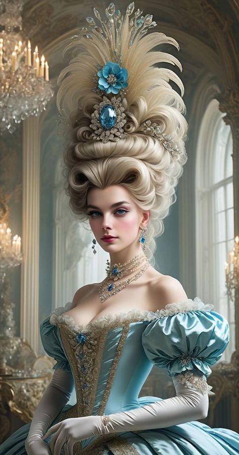 Rococo Hairstyles, Victorian Era Dresses, Victorian Gown, Fairytale Gown, Rococo Fashion, 18th Century Costume, Fantasy Hair, Dresses Royal, Marie Antoinette