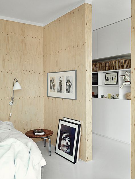 Minimal bedroom with a stool and framed artwork Plywood Interior, Plywood Walls, Floating House, Design Del Prodotto, Decoration Inspiration, Dream Decor, 인테리어 디자인, House Inspiration, Interior Spaces