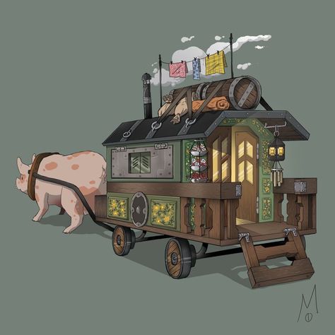 Traveling Caravan, Traveling Merchant, Giant Pig, Dnd Oc, Base Building, Town Ideas, Props Art, Fantasy Props, Dnd Maps