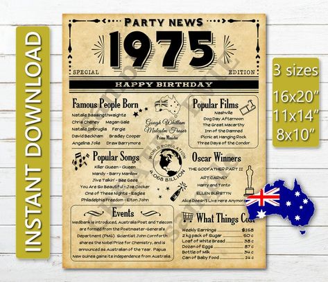 45 Years Ago in 1975 Australia 1975 Newspaper Poster Instant | Etsy Newspaper Style Poster, Posters Uk, 54th Birthday, 45th Birthday, Old Newspaper, Birthday Poster, 40th Birthday Gifts, Birthday Printables, Party Centerpieces