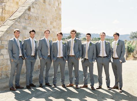 Mindy Rice Design, Al Fresco Wedding, Jose Villa Photography, Wedding Groomsmen Attire, Champagne Tie, Groomsmen Grey, Grey Suit Wedding, Groomsmen Looks, Jose Villa