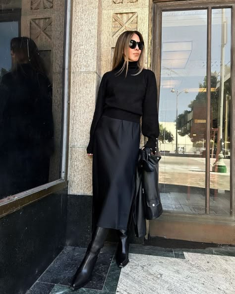 In the mood for fall 🍂 and so excited for boot season! | Instagram Fall Chic Outfits, Black Dress Boots, Satin Skirt Outfit, Wedding Guest Outfit Fall, Winter Skirt Outfit, Stylish Winter Outfits, Office Outfits Women, Skirts With Boots, Mgmt