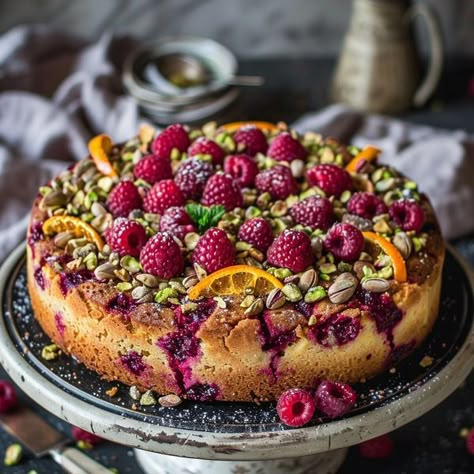 Rose Pistachio Peach Cake, Baked Ricotta Cake, Raspberry Orange Pistachio Ricotta Cake, Raspberry Pistachio Desserts, Pistachio Raspberry Dessert, Pistachio And Raspberry Cake, Pistachio Ricotta Cake, Orange Pistachio Cake, White Chocolate Raspberry Poke Cake