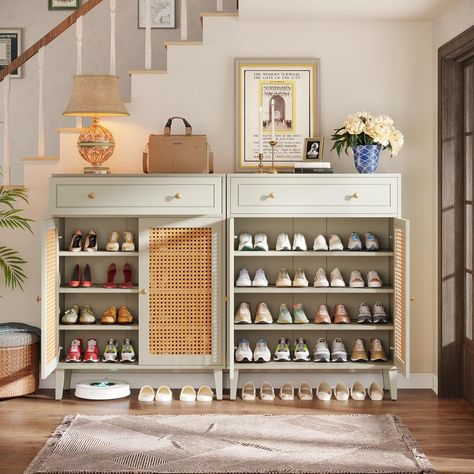 Modern Shoe Cabinet with Doors, Rattan Shoes Storage Cabinet - Bed Bath & Beyond - 39673078 Shoe Cabinet With Doors, Wooden Shoe Cabinet, Green Bed, Cabinet With Doors, Green Bedding, Shoe Storage Cabinet, Shoe Organizer, Shoe Cabinet, Adjustable Shelves