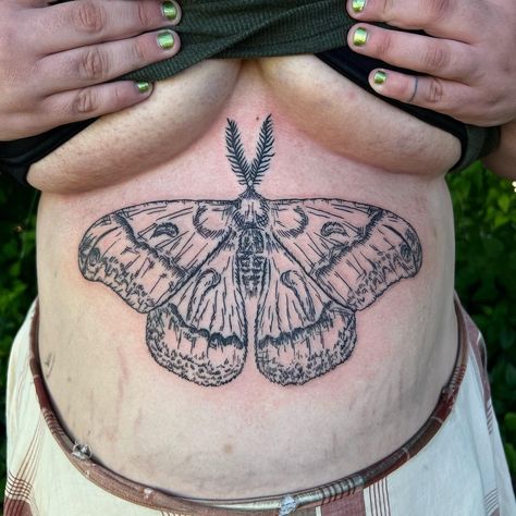 Moth stomach tattoo by green666annie Moth Tattoo Stomach, Moth Tramp Stamp, Moth Stomach Tattoo, Stomach Tattoos Women Plus Size, Plus Size Stomach Tattoo, Upper Stomach Tattoos, Gothic Tattoos, Stomach Tattoos Women, Stomach Tattoo