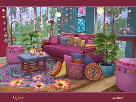 Boho living room. Includes 13 objects, has 2 color palettes. Items in the set:  Found in TSR Category 'Sims 4 Living Room Sets' Hippie Furniture, Hippie Living Room, Living Room Sims 4, Sims 4 Bedroom, Hippy Room, Sims 4 House Design, Casas The Sims 4, Sims Building, Boho Furniture