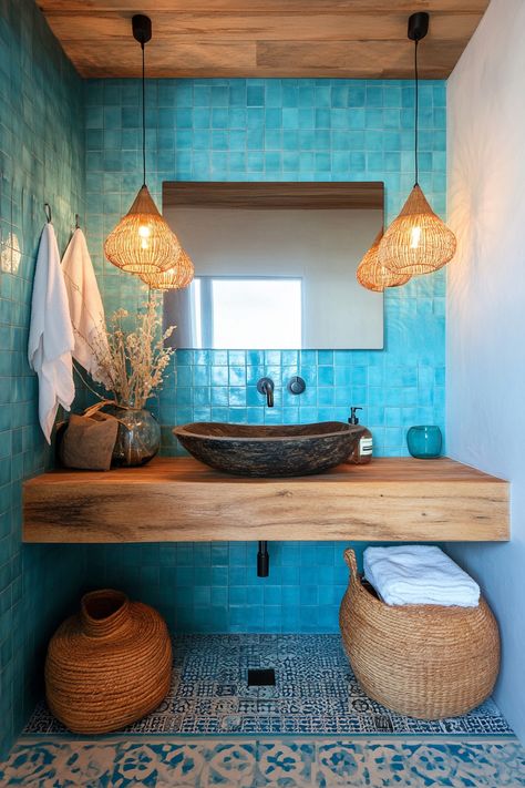 50 Moroccan-Scandinavian Bathroom Blends: Ornate Patterns in Minimalist Spaces - TastyInteriors Small Moroccan Bathroom, Small Bathroom Moroccan Tile, Turkish Inspired Bathroom, Marrakech Bathroom Inspiration, Moroccan Tile Bathroom Floor, Greek Bathroom Design, Blue Mediterranean Bathroom, Moroccan Bathroom Design, Moroccan Sink Bathroom