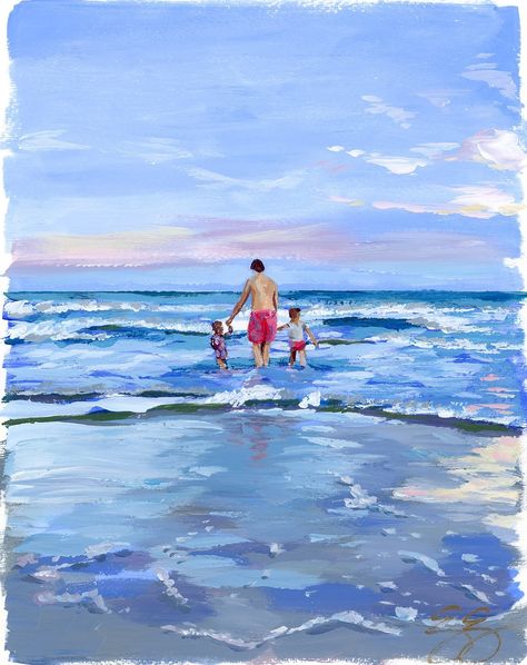 There's something about that annual beach trip with kids...each year they get so much bigger and it's another reminder of how fast the years go. Who wouldn't want summer to last forever? "Summer Memories," my collection of beach paintings, releases in 6 days!! #beach #beachpainting #oceanpainting #coastalart #coastalartist #marylandartist #dadanddaughter #oceanart Acrylic painting in modern impressionist style of a dad with two daughters walking into the ocean waves at sunset. Beach Trip With Kids, Beach Paintings, The 12 Days Of Christmas, Coastal Prints, Summer Memories, Ocean Painting, Beach Baby, Pitch Deck, Two Daughters