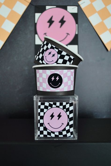 One Happy Girl, Personalized Birthday Labels, Girls Birthday, Party Favor Label Stickers, Pink Smiley Face, Happy Face, Checkered, Retro - Etsy Pink Smiley Party, 12th Birthday Ideas, Pink Smiley Face, Pink Smiley, Birthday Labels, Favor Labels, Label Stickers, Happy Birthday Parties, Retro Party