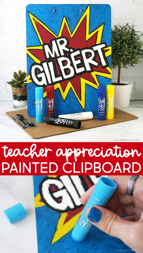 Painted Teacher Appreciation Clipboard | artsy-fartsy mama Teacher Clipboard, Mess Free Painting, Teacher Canvas, Painting Teacher, Back To School Crafts, Canvas Painting Diy, Favorite Teacher, Kids Journal, School Inspiration