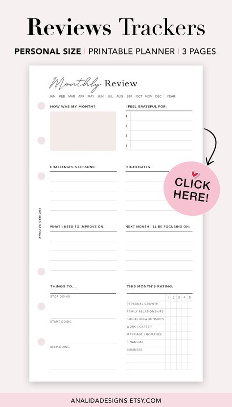 🖤 DAILY, WEEKLY & MONTHLY REVIEW/REFLECTION PRINTABLE PLANNERS - by Analida Designs
These 3 inserts give you total control over what information you’d like to reflect on in your daily/weekly & monthly review. These Self-reflections worksheets help you record moments, plan ahead and reflect on your thoughts, feelings, and goals. Personal size: 3.75 x 6.75 in (95.25 x 171.45mm) Daily Review Template, Monthly Review Planner, Day Review Journal, Monthly Reflection Template, Daily Review Journal, Weekly Review Bullet Journal, Weekly Reflection Template, Monthly Review Template, Journal Templates Layout