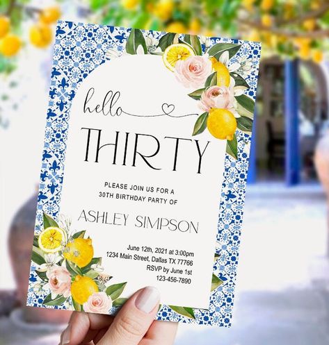 Excited to share this item from my #etsy shop: EDITABLE Arch Birthday Invitation, Lemon, Positano, ANY AGE, Thirty, Mediterranean, digital, printable, Instant Download Mediterranean Birthday, Mediterranean Party, 40th Birthday Party Invites, Friend Anniversary, 30th Birthday Party, 30th Birthday Invitations, 30th Bday, 40th Birthday Invitations, Blue Tile